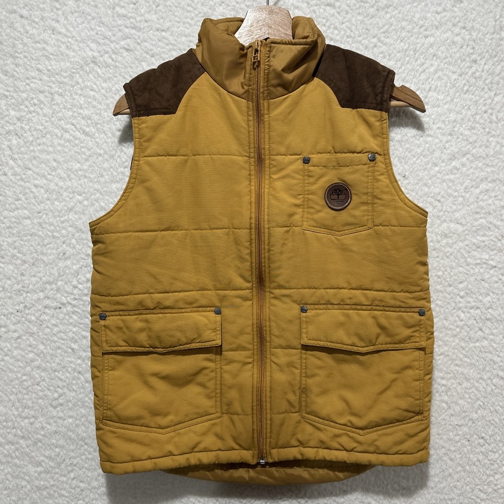 Timberland Outdoor Puffer‎ Hooded Vest Jacket Boys Brown & Yellow Size M(12/14)